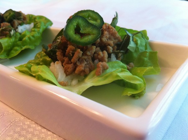 Thai Basil Turkey Lettuce Cups with Jasmine Rice & Poblano Pepper Garnish.